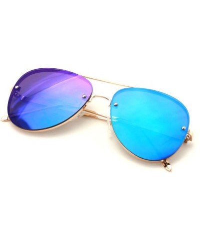 Large Aviator Flat Lens Mirror Sunglasses - Rimless Look - Multiple Colors - Gold Frame Blue Mirror - CA18636I6LR $6.52 Aviator