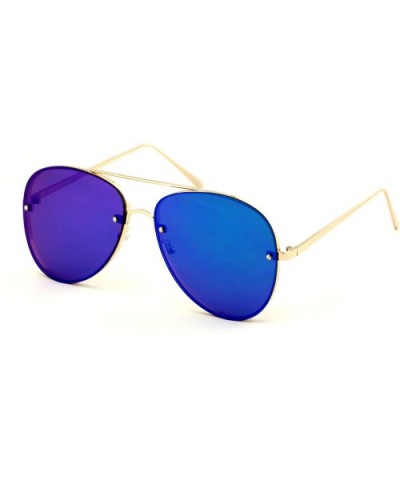 Large Aviator Flat Lens Mirror Sunglasses - Rimless Look - Multiple Colors - Gold Frame Blue Mirror - CA18636I6LR $6.52 Aviator