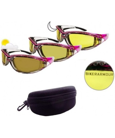 Motorcycle Day Night Transition Glasses for Women. Chrome and Pink frame with rhinestones - CS12EM1KSID $40.68 Sport