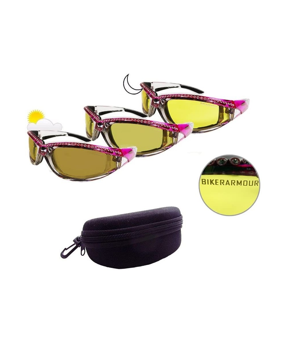 Motorcycle Day Night Transition Glasses for Women. Chrome and Pink frame with rhinestones - CS12EM1KSID $40.68 Sport