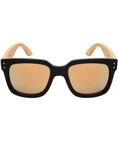 Wood Bamboo Square Sunglasses for Men Women with Mirrored Lens 541102BM-REV - CA18OHN37QG $11.85 Square