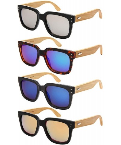 Wood Bamboo Square Sunglasses for Men Women with Mirrored Lens 541102BM-REV - CA18OHN37QG $11.85 Square