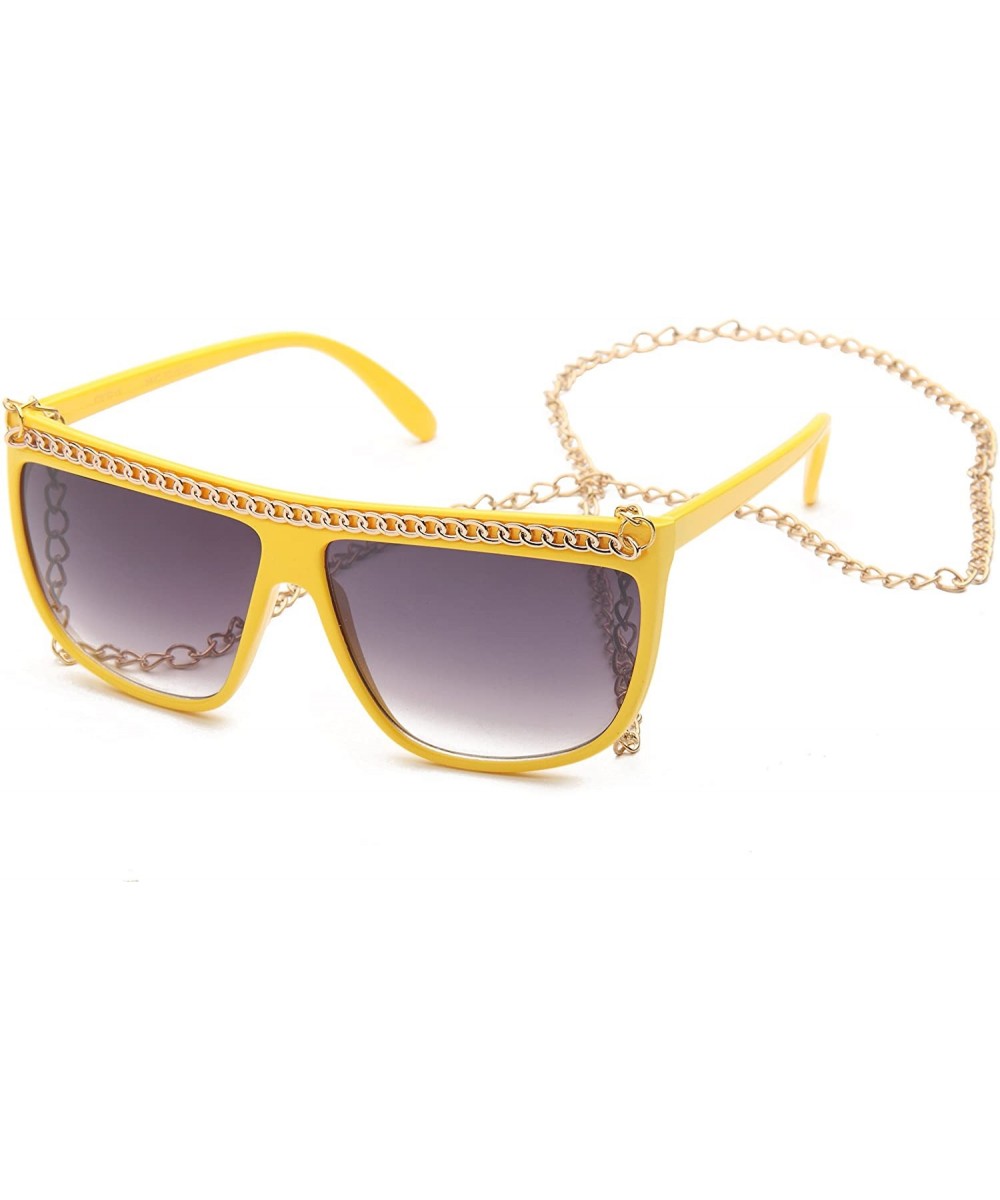 Women Flat Top Oversized Retro Chain Sunglasses w/Metal Chain on Top & Neck - Yellow - CX117DDYZIR $7.19 Oversized