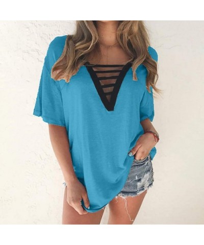 Women Hollowing Out V-Neck Pure Color Splicing Short Sleeve T-Shirt Blouse Tops Casual Loose Tunic Tops - Blue - CX199IGMMM3 ...