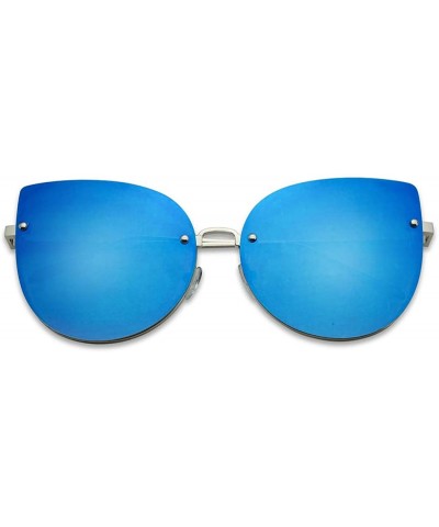 Oversized Rimless Cat Eye Sunglasses Flash Mirror Round Color Flat Lens Shades for Women - Silver Frame - Blue - CE18IDXO0EX ...