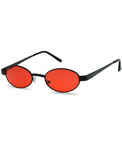 Small 1990's Retro Narrow Oval Color Tinted Sunglasses Slim Metal Shades - Black Frame - Red - CL18EGTQE7Q $9.02 Oval