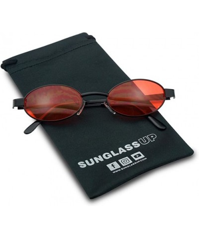 Small 1990's Retro Narrow Oval Color Tinted Sunglasses Slim Metal Shades - Black Frame - Red - CL18EGTQE7Q $9.02 Oval