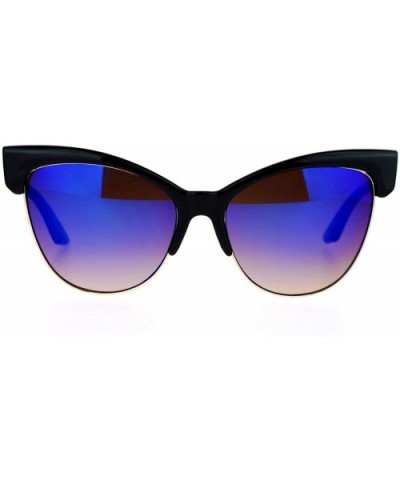 Mirrored Mirror Lens Half Horn Rim Cat Eye Womens Retro Sunglasses - Black Blue - C312H5HA99N $9.37 Cat Eye