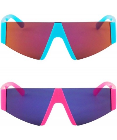 Semi Rimless Neon Mirrored Shield Style Retro Fashion Flat Top Women and Men Sunglasses - CB18XK6KR6D $21.29 Oversized