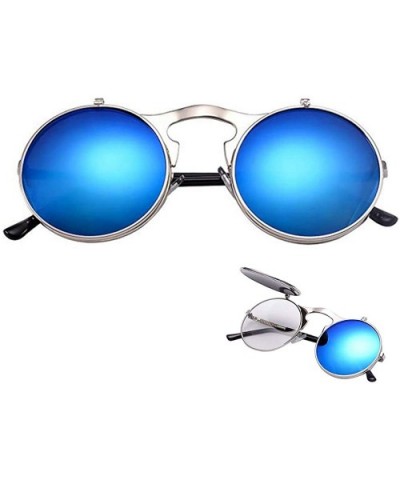 Vintage Round Sunglasses 80's Retro Steam Punk Style Flip Up Mirror Circle Metal Frame Sun Glasses for Men Women - C818TDRKE2...