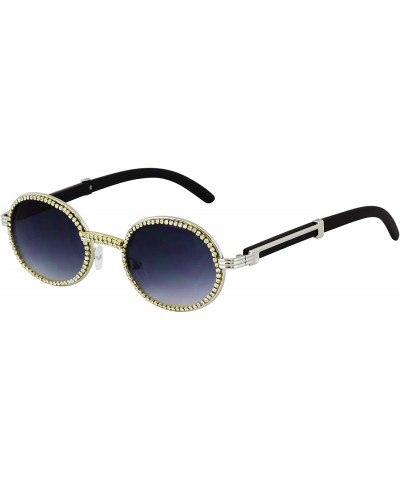 Oval Retro Round Diamond Sunglasses for Men-Women Luxury Glasses Fashion Crystal Wood Eyewear Shades - Black - CO195HMQK97 $1...