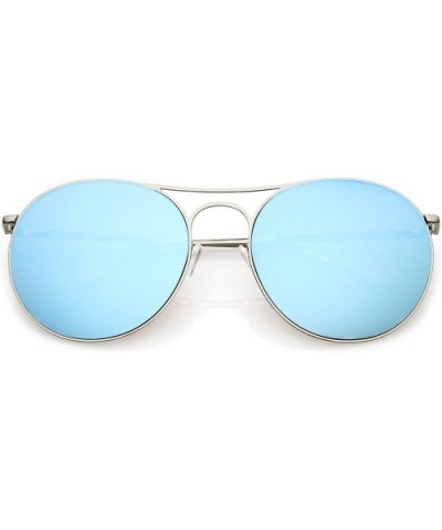 Oversize Metal Double Nose Bridge Round Color Mirrored Flat Lens Aviator Sunglasses 65mm - Silver / Blue Mirror - CO186N5DYTT...