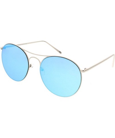 Oversize Metal Double Nose Bridge Round Color Mirrored Flat Lens Aviator Sunglasses 65mm - Silver / Blue Mirror - CO186N5DYTT...