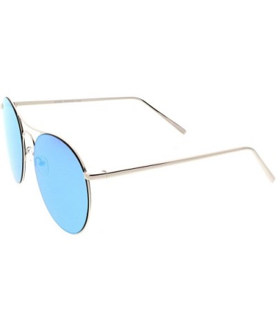 Oversize Metal Double Nose Bridge Round Color Mirrored Flat Lens Aviator Sunglasses 65mm - Silver / Blue Mirror - CO186N5DYTT...