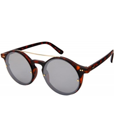 Fashion Round Brow Bar Plastic Sunglasses w/Flat Mirrored Lens 541089 - Matte Tortoise Frame/White Mirrored Lens - CN18C4QATS...