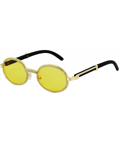 Oval Retro Round Diamond Sunglasses for Men-Women Luxury Glasses Fashion Crystal Wood Eyewear Shades - Yellow - CA195HN6MDI $...