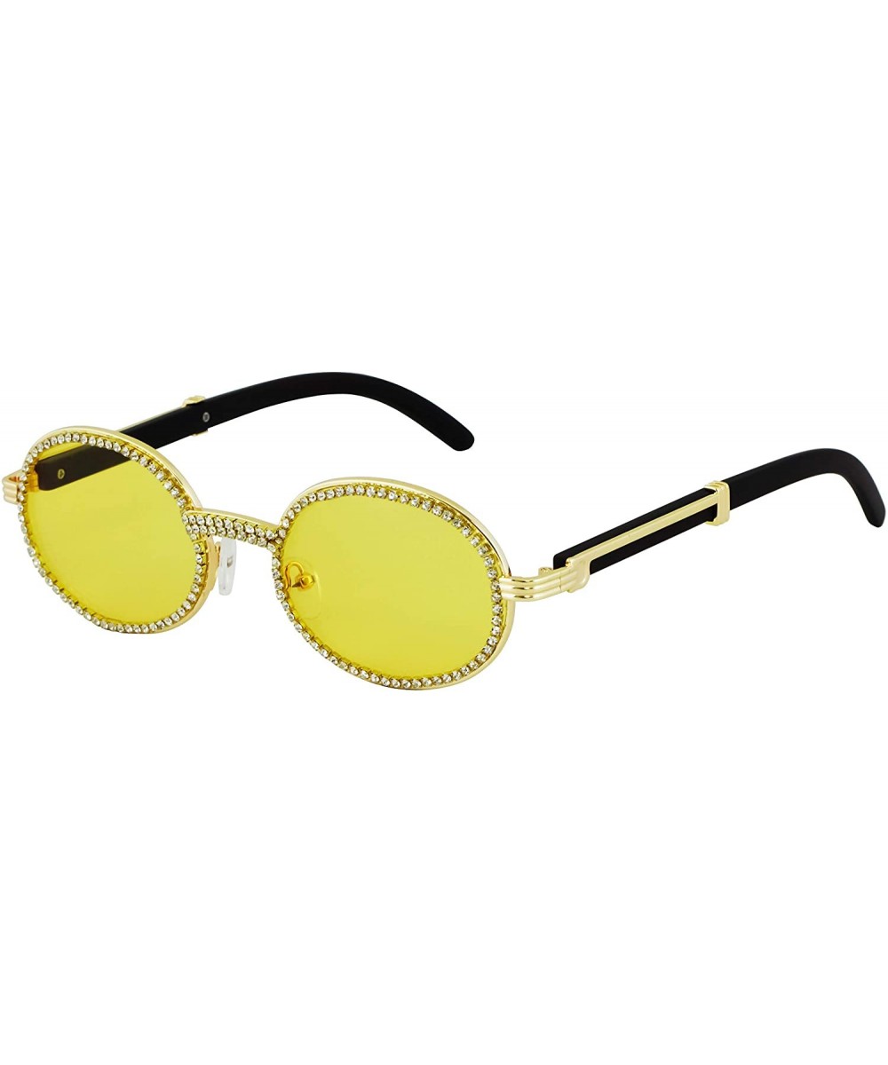 Oval Retro Round Diamond Sunglasses for Men-Women Luxury Glasses Fashion Crystal Wood Eyewear Shades - Yellow - CA195HN6MDI $...