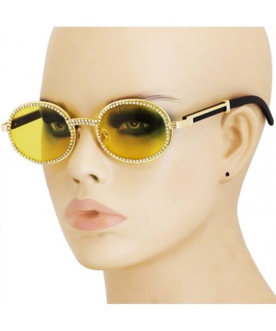 Oval Retro Round Diamond Sunglasses for Men-Women Luxury Glasses Fashion Crystal Wood Eyewear Shades - Yellow - CA195HN6MDI $...