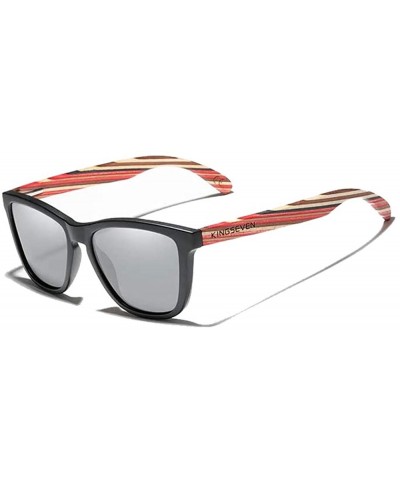 Genuine handmade colored bamboo sunglasses square men polarized UV400 - Red/Silver - CR198QNYL5U $23.55 Rectangular