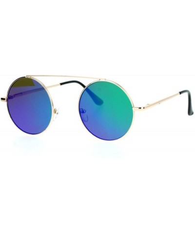 Top Bar Bridge Round Circle Frame Sunglasses Unisex Hipster Flat Mirror Lens - Gold (Green Mirror) - C0187GM6DW4 $5.90 Round