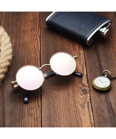 Polarized Steampunk Round Sunglasses for Men Women Mirrored Lens Metal Frame S2671 - Pink Mirror - C4182GZGX79 $15.78 Oval