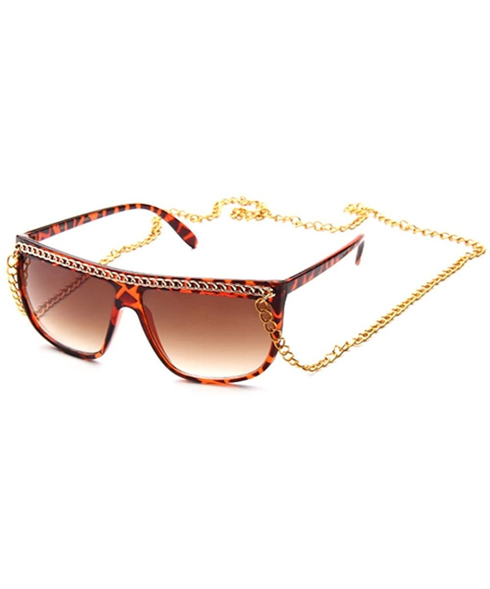 Women Flat Top Oversized Retro Chain Sunglasses w/Metal Chain on Top & Neck - Tortoise - CC117DDYYUV $5.18 Oversized