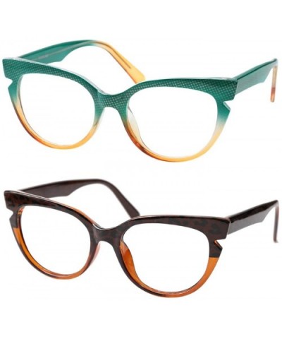 Womens Hit Color Grid Pattern Cat Eye Reading Glass Eyeglass Frame - 2 Pairs / Blue + Tea - C918IHTZA5U $13.57 Oversized