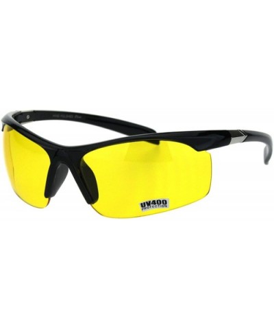 Mens Baseball Half Rim Warp Around Plastic Night Driving Lens Sunglasses - Shiny Black - C318H8KRLY5 $6.26 Sport