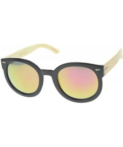 Eco-Friendly Real Bamboo Temples Mirrored Lens Round Sunglasses 53mm - Black / Magenta Mirror - CY12H0L9RJD $8.48 Round