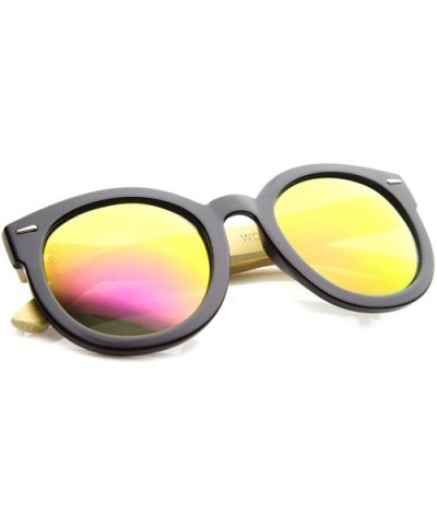 Eco-Friendly Real Bamboo Temples Mirrored Lens Round Sunglasses 53mm - Black / Magenta Mirror - CY12H0L9RJD $8.48 Round