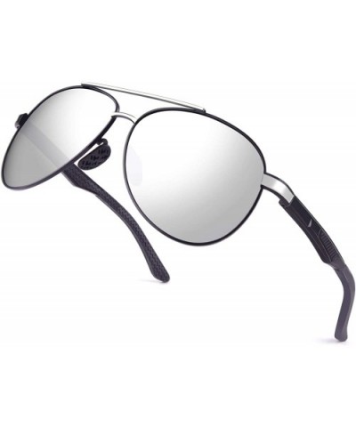 Pilot Polarized Sunglasses for Men Lightweight Al-Mg Sports UV400 S704 - Matte Black Frame/Silver Mirrored Lens - CG18XZ5Z22O...