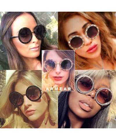 Women Diamond Rhinestone Sunglasses Oversized Round Metal Frame - Black- Grey Gradient Lens - CZ18SL2SWRR $11.66 Oversized