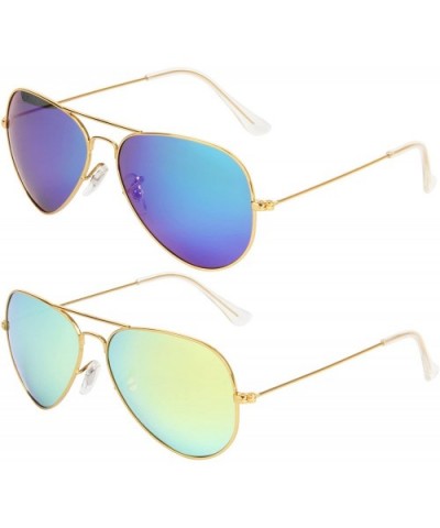 Classic Aviator Metal Frame Sunglasses Men Women Glasses Lmo-025 - 2 Pairs(green+yellow Green) - CB125TBZSU3 $18.33 Aviator