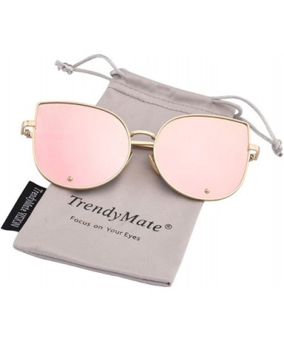 TrendyMate-Cat Eye Mirrored Flat Lenses Metal Frame Rivet Cute Mirrored Women Sunglasses - Gold Pink - CS183CTMNK2 $9.47 Cat Eye