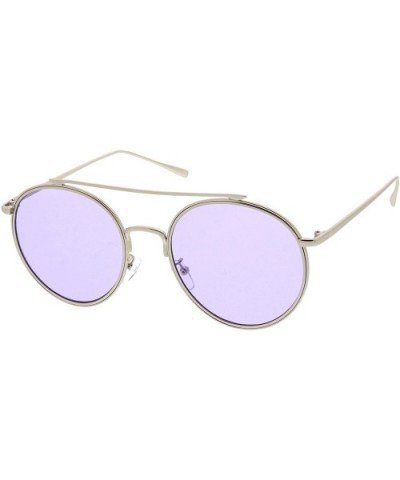 Modern Metal Round Aviator Sunglasses With Crossbar Slim Arms And Colored Flat Lens 54mm - Silver / Purple - CO12O8WOAVV $7.5...