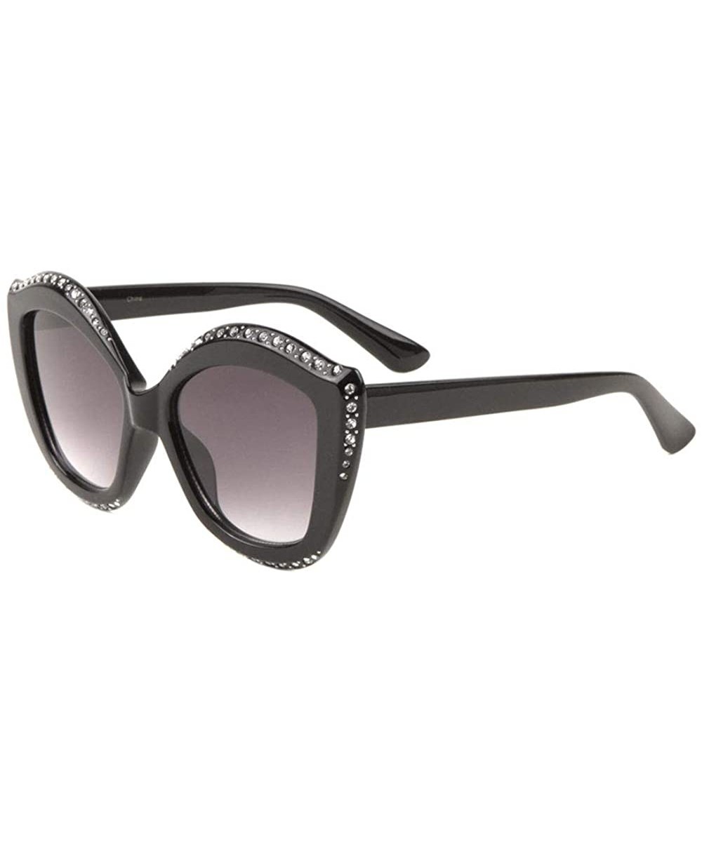 Curved Cat Eye Rhinestone Frame Edge Sunglasses - Smoke Black - CQ198E9EKRU $11.01 Cat Eye