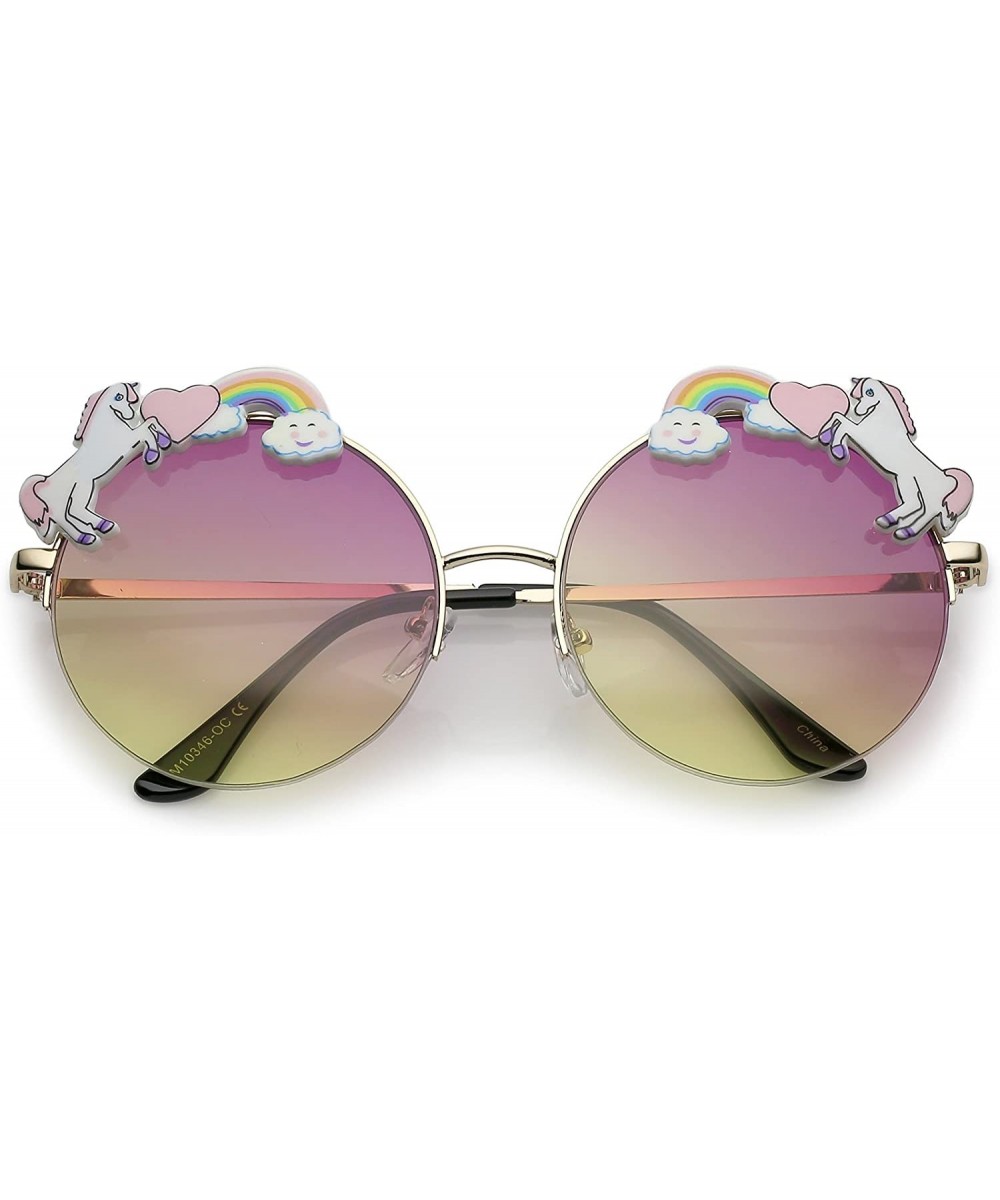 Unicorn Rainbow Semi Rimless Gradient Colored Round Lens Sunglasses 56mm - Gold / Pink Yellow - CH1820QQQEH $10.99 Semi-rimless