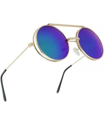 Round Circular Django Flip-Up Steampunk Inspired Metal Two in One Sunglasses - Gold - Midnight Green - C8189U5E5X4 $8.25 Round