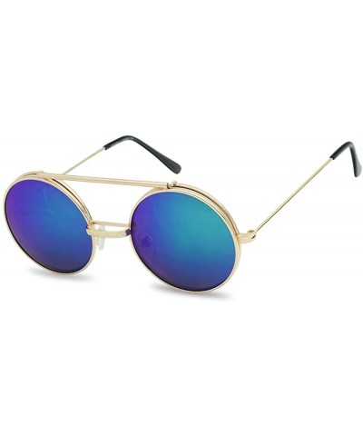 Round Circular Django Flip-Up Steampunk Inspired Metal Two in One Sunglasses - Gold - Midnight Green - C8189U5E5X4 $8.25 Round