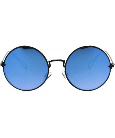Womens Round Sunglasses Light Metal Circle Frame Mirror Lens UV 400 - Black (Blue Mirror) - CP189QSSE4I $6.01 Round