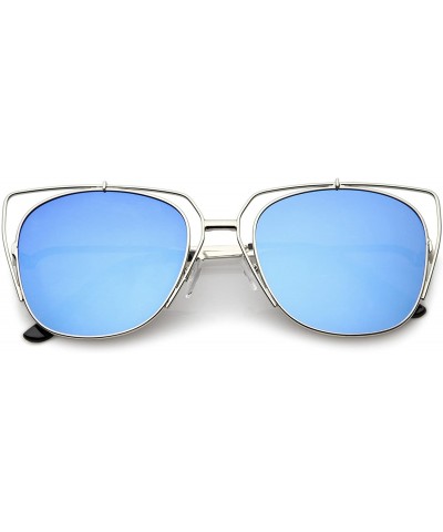 Women's Open Metal Slim Arm Mirrored Square Flat Lens Cat Eye Sunglasses 55mm - Silver / Blue Mirror - CG182ZW850W $9.96 Cat Eye