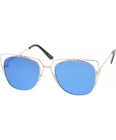 Women's Open Metal Slim Arm Mirrored Square Flat Lens Cat Eye Sunglasses 55mm - Silver / Blue Mirror - CG182ZW850W $9.96 Cat Eye