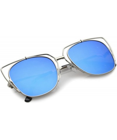 Women's Open Metal Slim Arm Mirrored Square Flat Lens Cat Eye Sunglasses 55mm - Silver / Blue Mirror - CG182ZW850W $9.96 Cat Eye