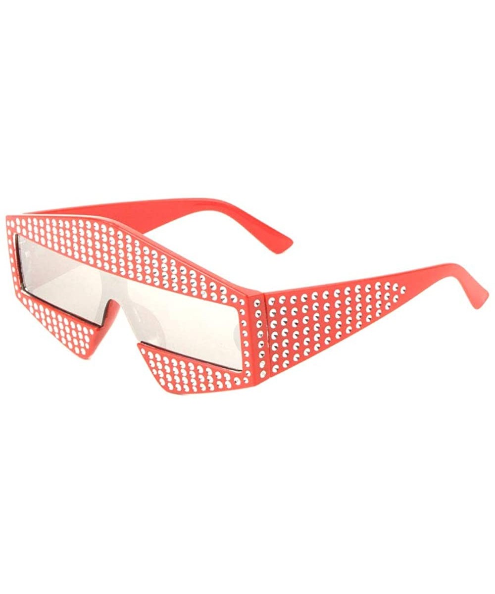 Full Rhinestone Diamond Shape Frame One Piece Lens Shield Sunglasses - Red - CZ1988UOCZO $10.81 Shield