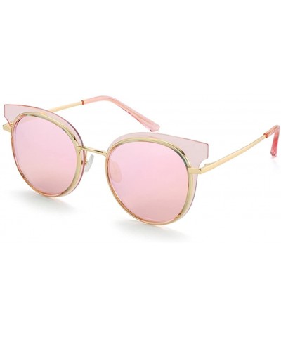 Cat Eye Metal Frame Women Sunglasses UV400 Round Polarized for Women - Transparent Frame Pink Lens - C91809O7Z2Q $24.22 Round