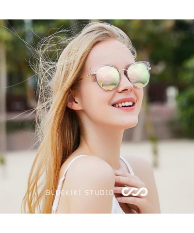 Cat Eye Metal Frame Women Sunglasses UV400 Round Polarized for Women - Transparent Frame Pink Lens - C91809O7Z2Q $24.22 Round