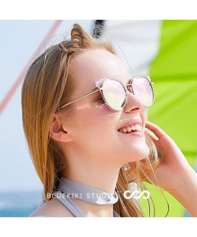 Cat Eye Metal Frame Women Sunglasses UV400 Round Polarized for Women - Transparent Frame Pink Lens - C91809O7Z2Q $24.22 Round