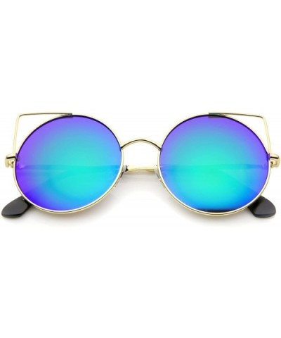 Women's Full Metal Cut Out Mirror Flat Lens Round Cat Eye Sunglasses 55mm - Gold / Green Mirror - CE12J346RM5 $7.19 Cat Eye