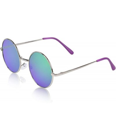 Round Sunglasses Circle Retro Hippie Flat Mirrored Lens Glasses UV400 - Silver Frame-purple Mirrored Lens - CT18SDM9DK4 $7.13...