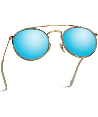 Round Double Bridge Polarized Modern Retro Sunglasses - Gold Frame / Mirror Blue - CQ18Y6CUCE9 $17.77 Round
